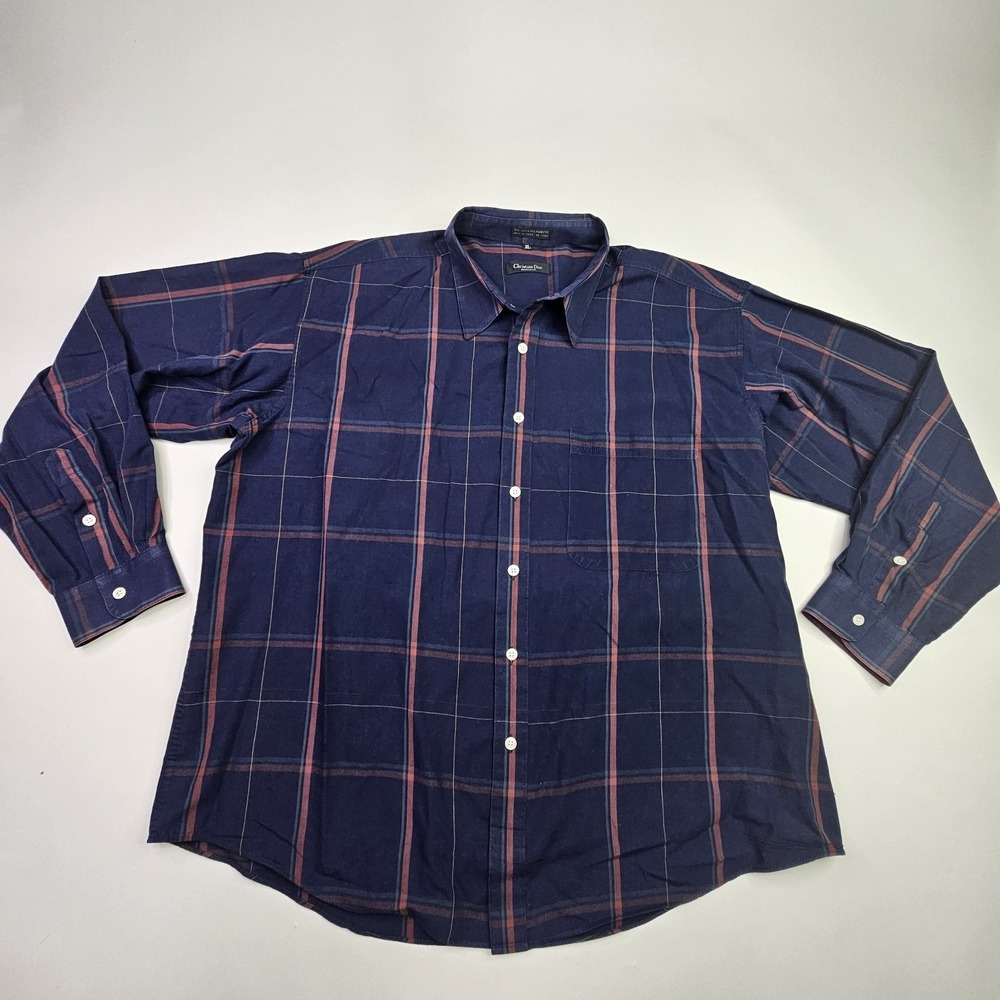 Christian Dior Monsieur Shirt XL Navy Blue Red Plaid Vintage Cotton Blend Korea